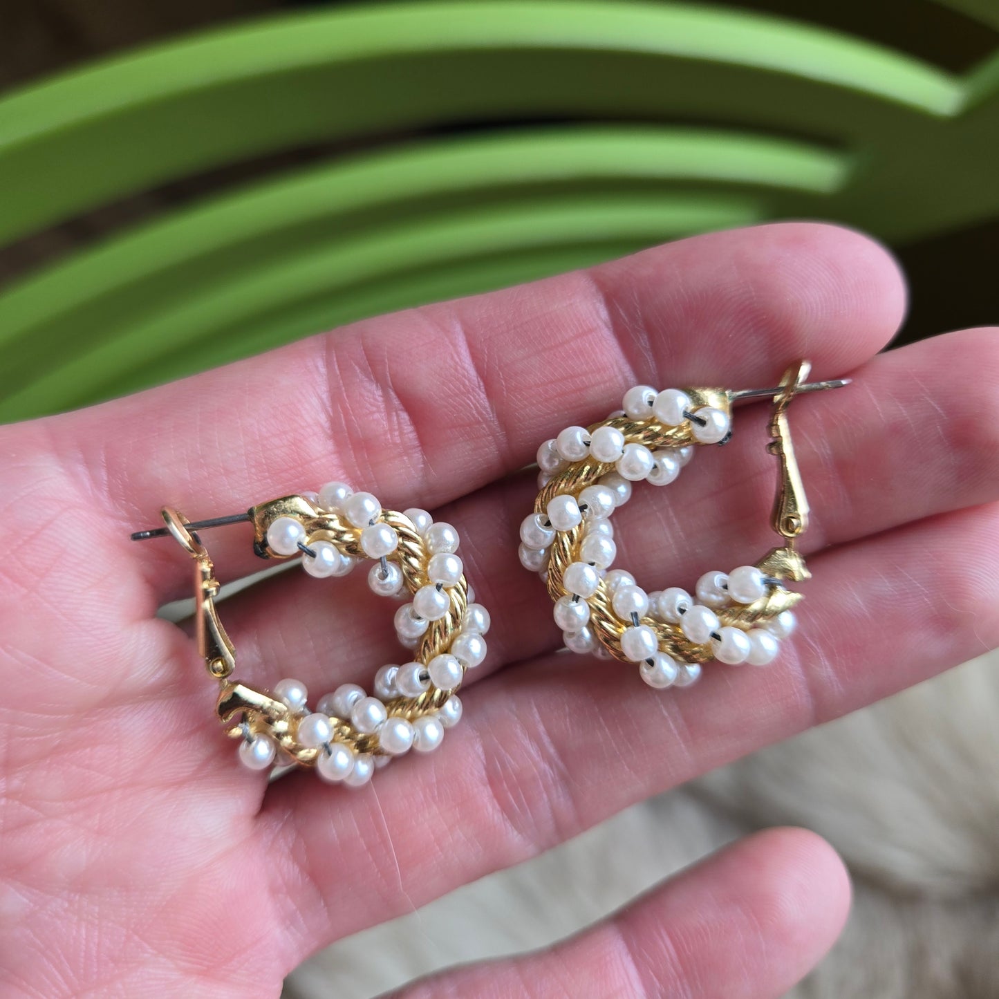 Vintage Spiral Pearl and Gold Hoop Earrings - Pierced