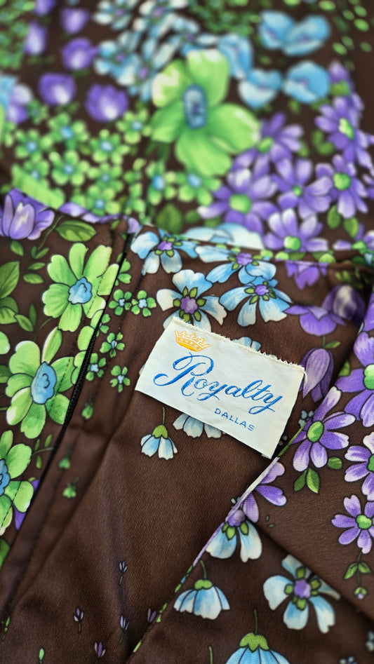 Royalty Dallas Vintage 70s Brown Floral Maxi Dress - L/XL