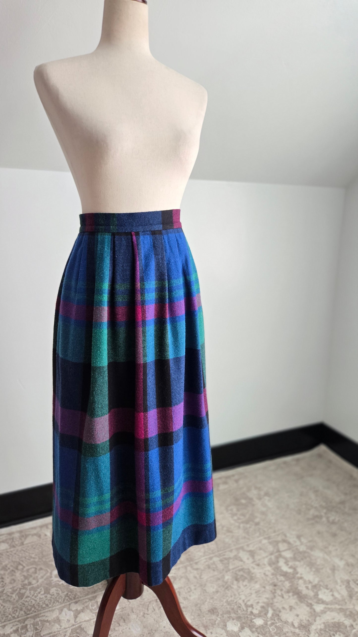 Pliers Vintage 70s Wool Colorful Plaid A-Line Skirt - W24"