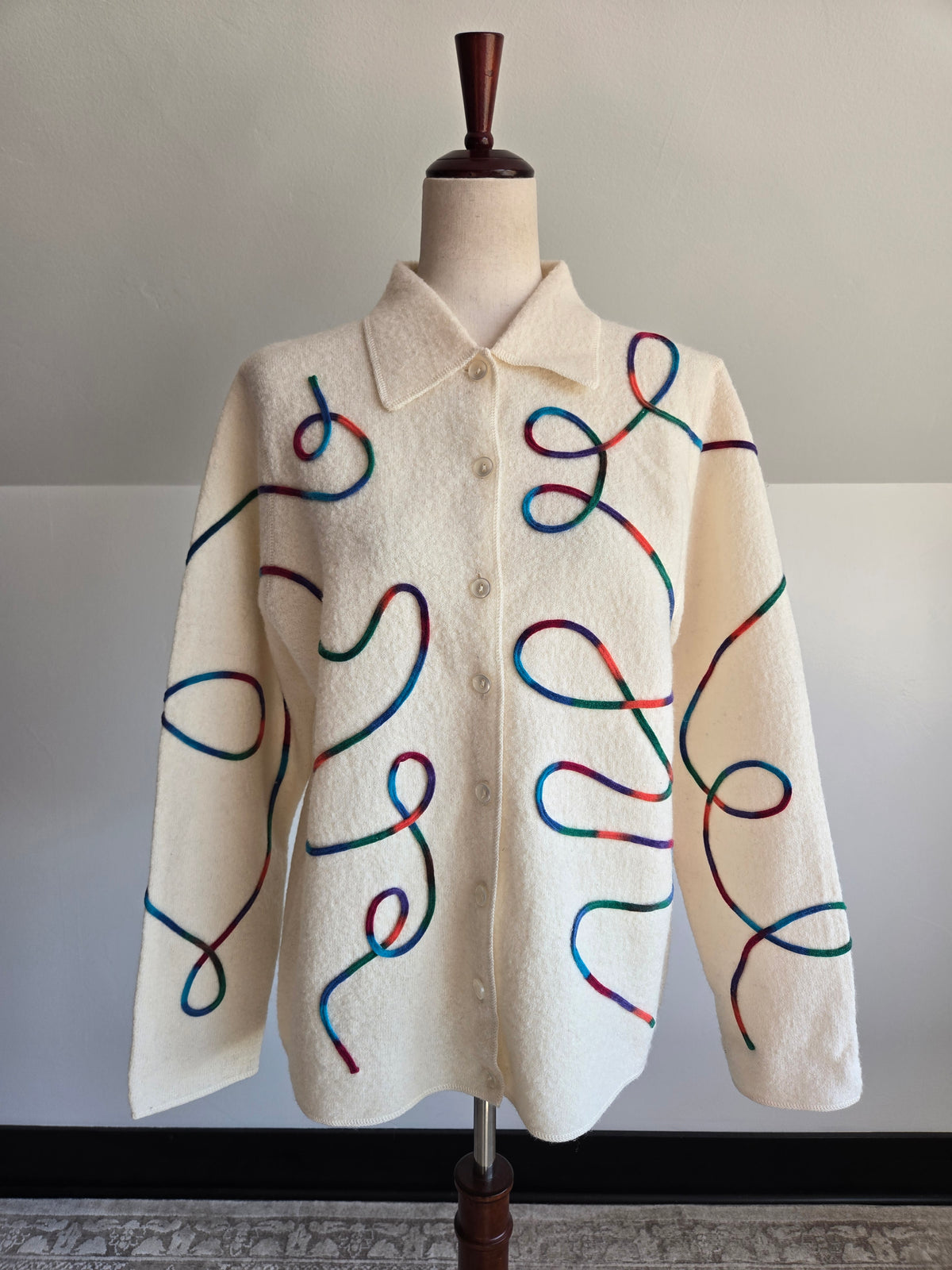 Vintage Sag Harbor Wool Cardigan with Colorful Detail - Large