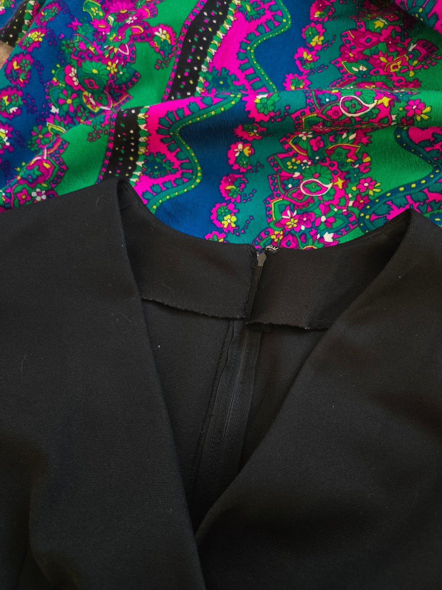 Vintage 70s Black Maxi Dress with Barkcloth Skirt - small