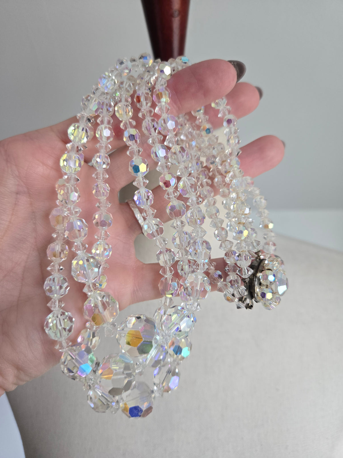 Vintage Three Strand AB Glass Crystal Necklace