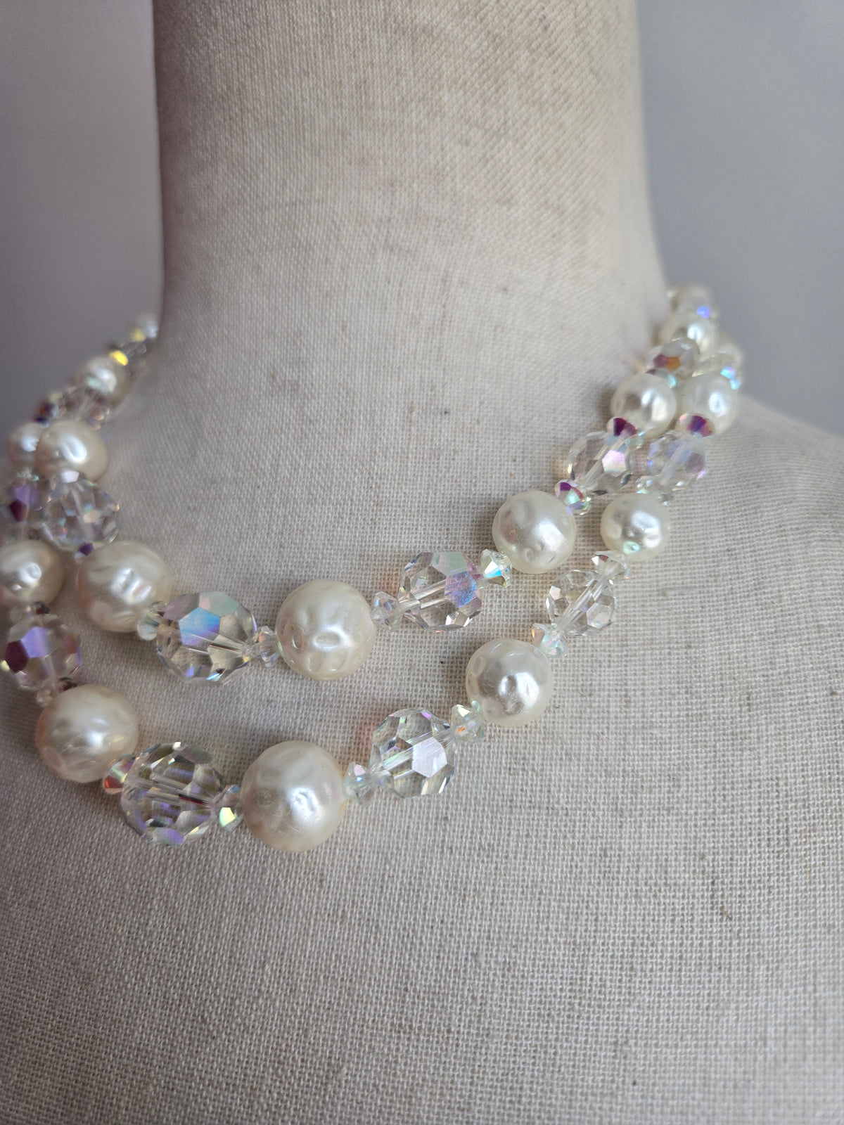 Vintage AB Crystal and Pearl Two-Strand Necklace
