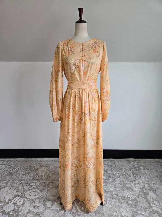 1970s Vintage Peach Floral Maxi Dress - medium