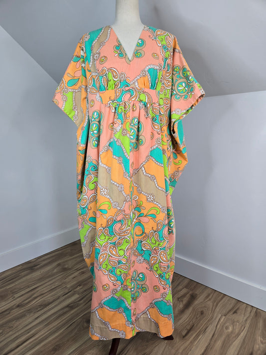 Neon and Pastel Psychedelic Print 1960s Kaftan - OS