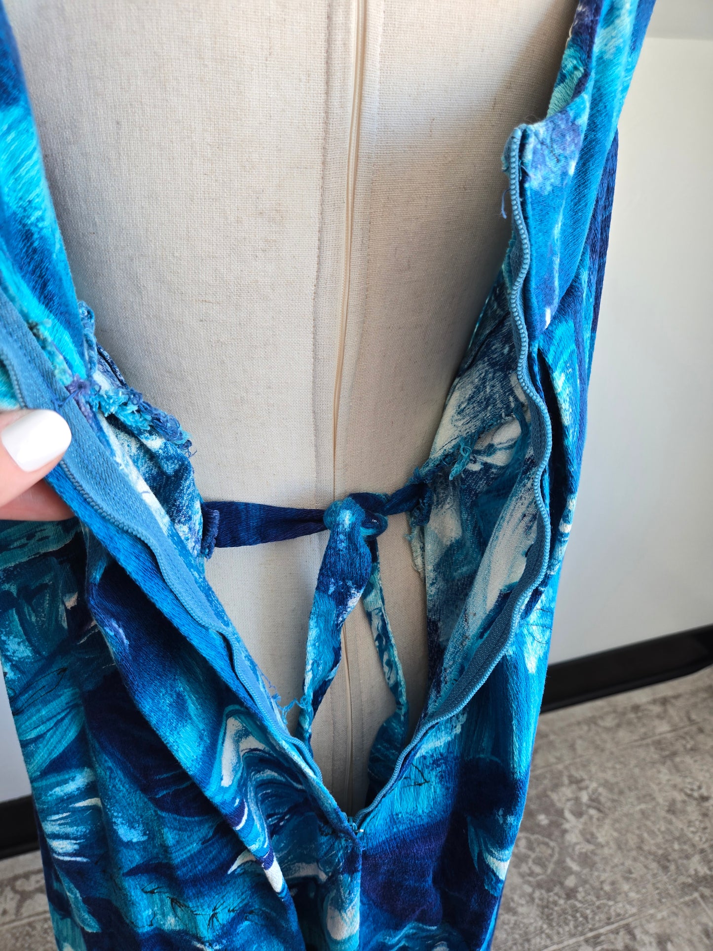 Royal Hawaiian Barkcloth Blue Floral Made in Hawaii Dress - Small