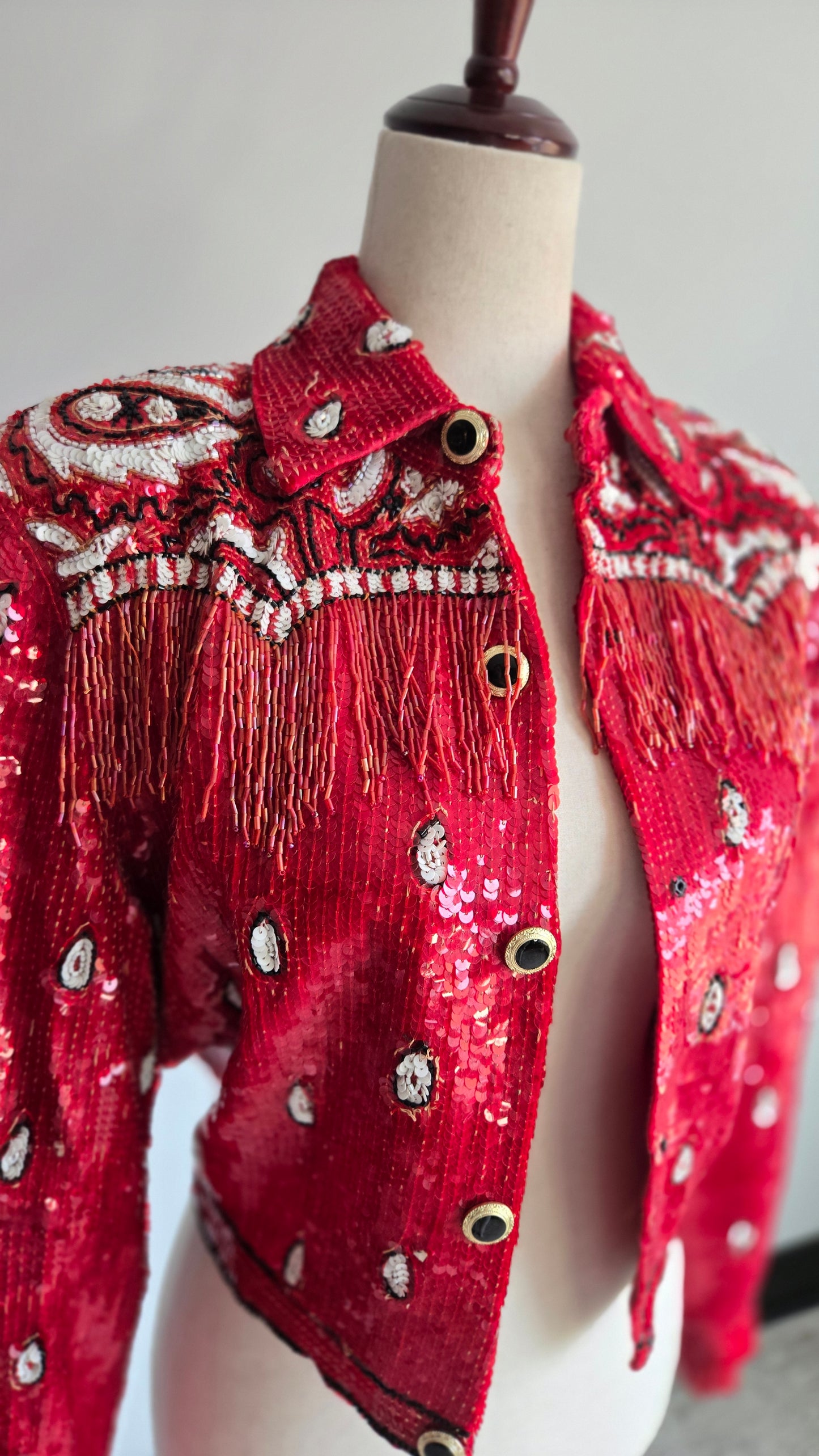 Lillie Rubin Vintage Sequin Western Crop Silk Jacket with Beaded Fringe - small