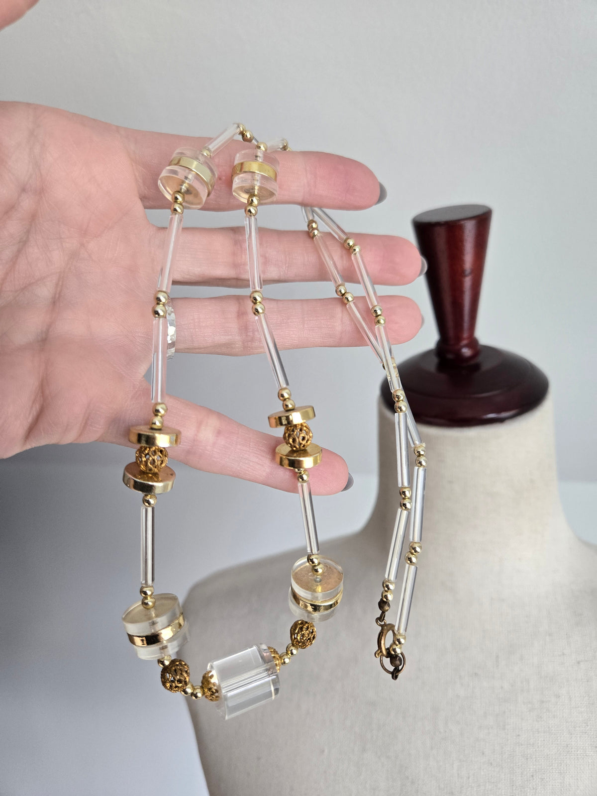 Vintage Clear Lucite and Gold Statement Necklace