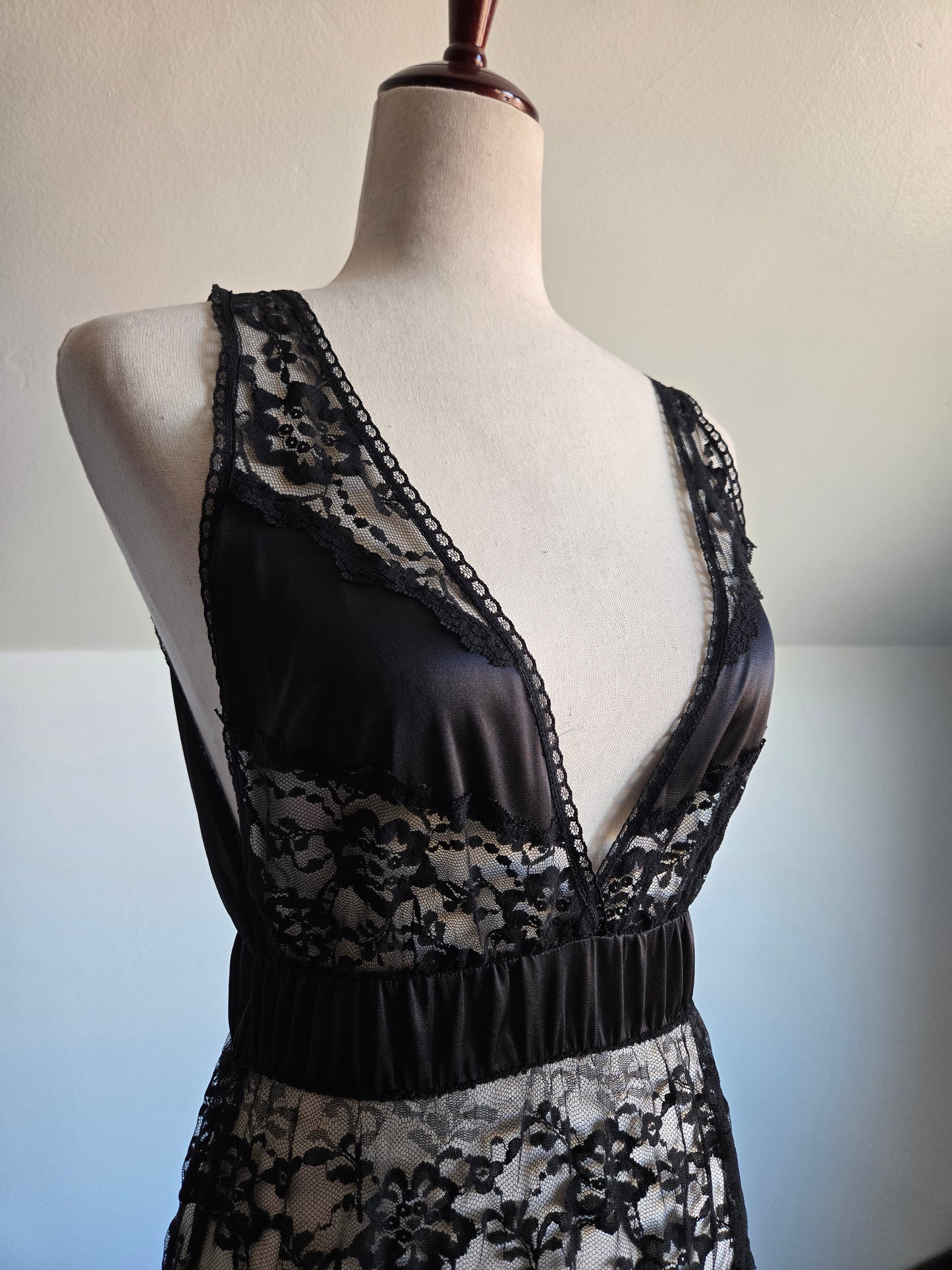Lady Cameo Vintage Black Lingerie Slip Dress - Medium
