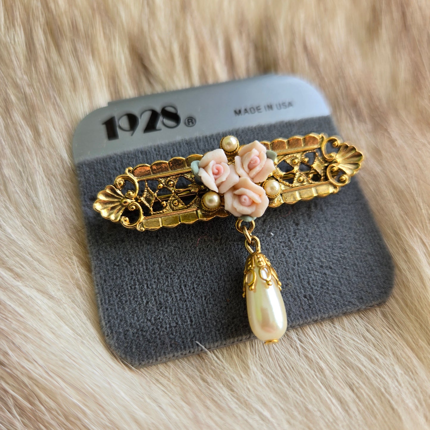 Deadstock Floral and Pearl Vintage Brooch by 1928 Made in USA