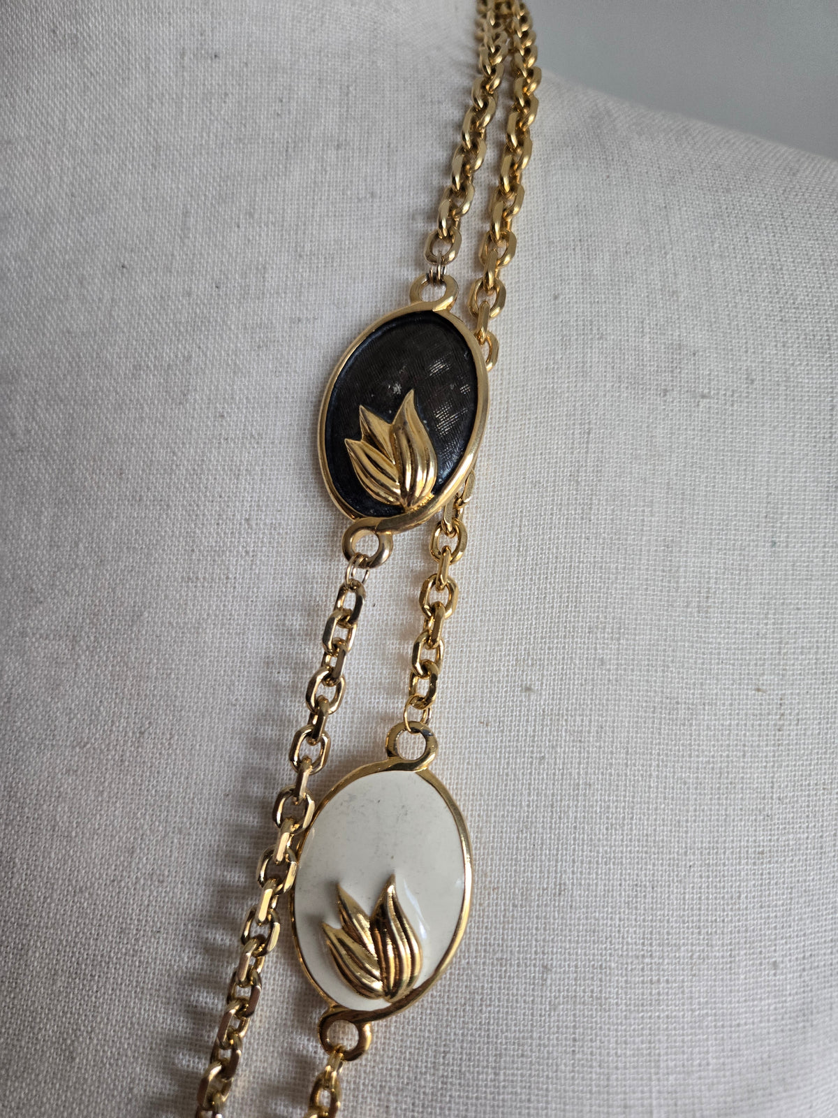 Vintage Black and White Statement Necklace with Gold Leaf Design