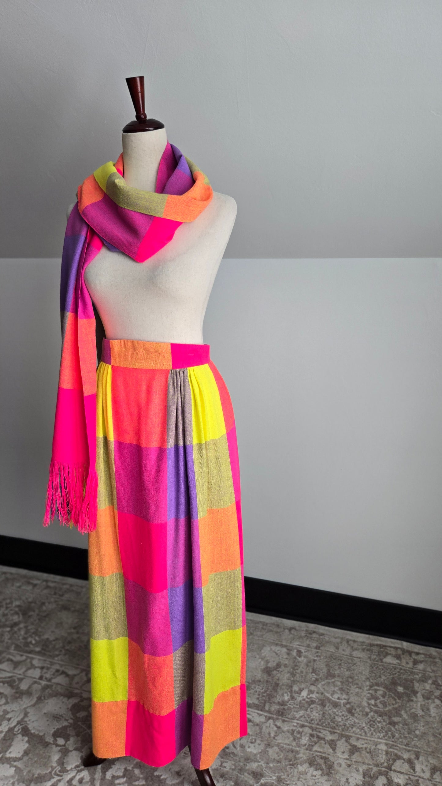Vintage 70s Neon Plaid Matching Skirt and Scarf Set - W28"