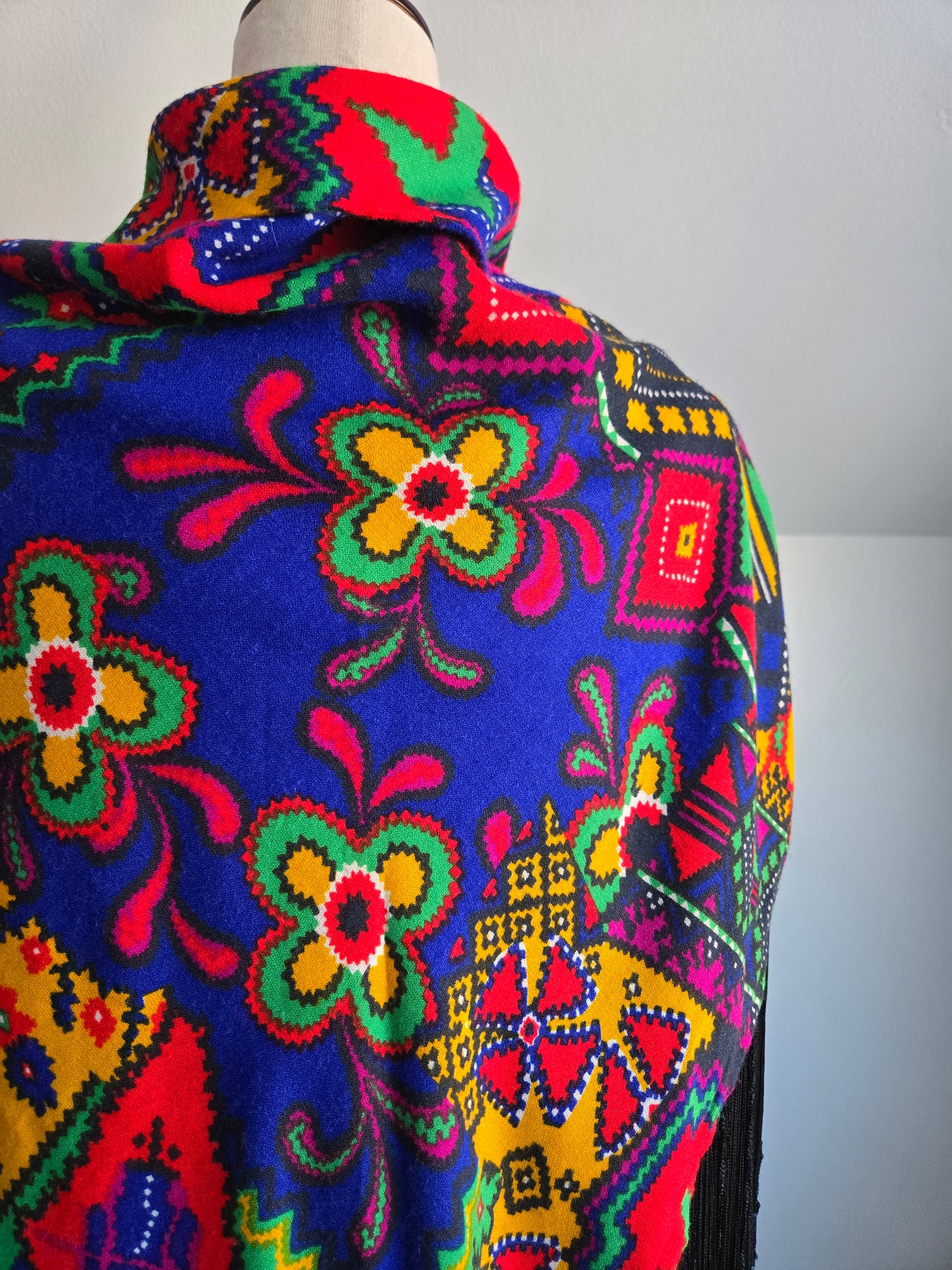 Vintage Barkcloth Dayglo Shawl with Fringe - OS
