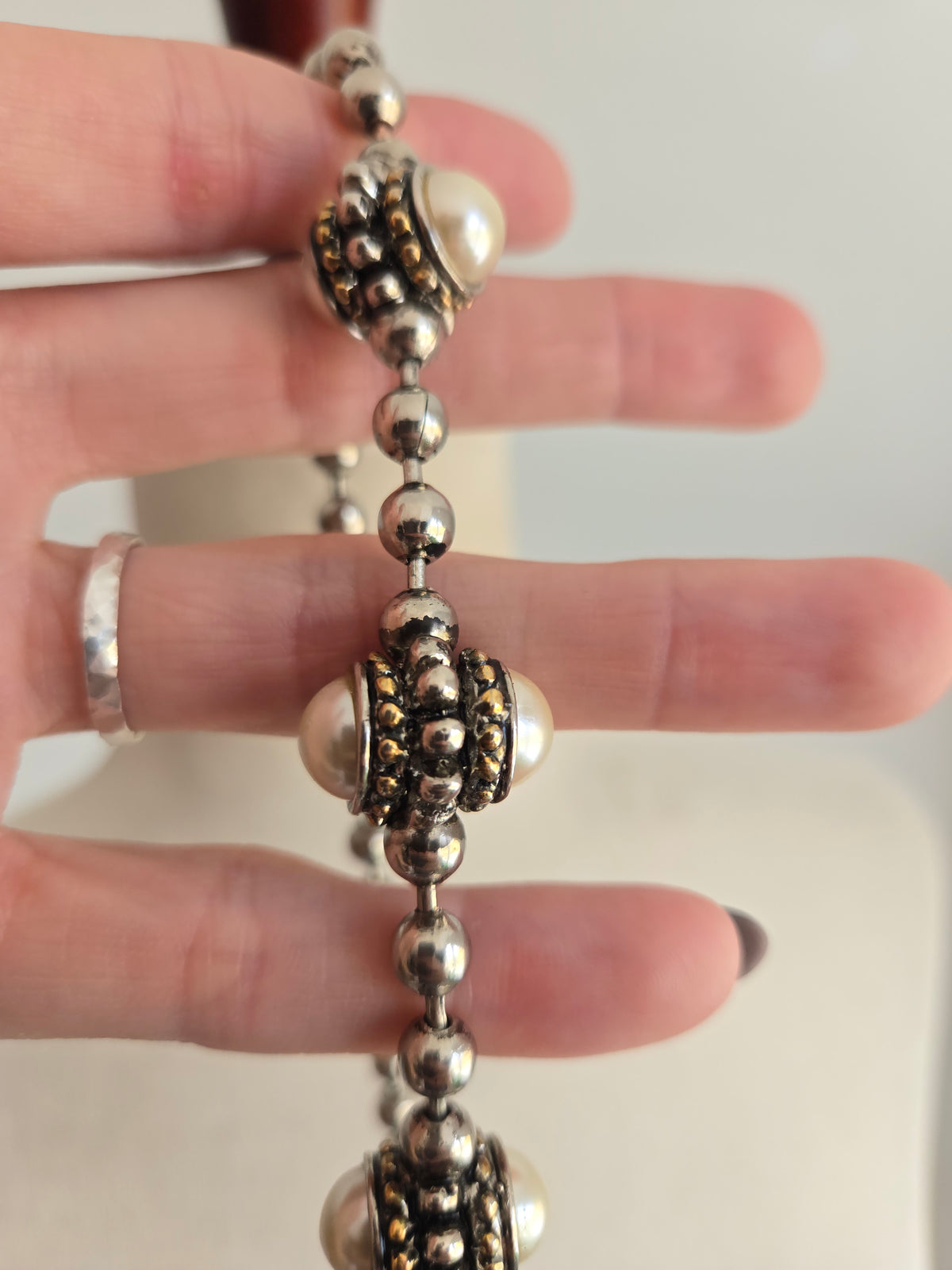 Vintage Metal Bead Necklace with Pearl Cabs