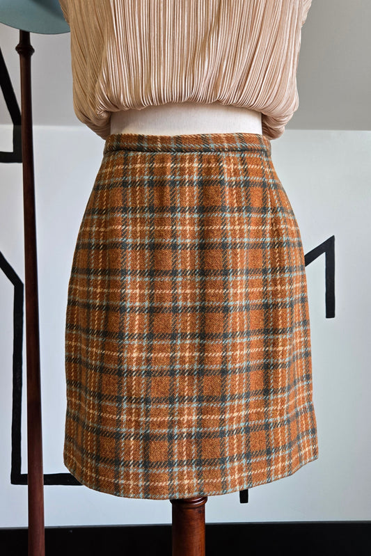 Vintage 1950s Handmade Burnt Orange and Teal Wool Mini Skirt - 27" waist