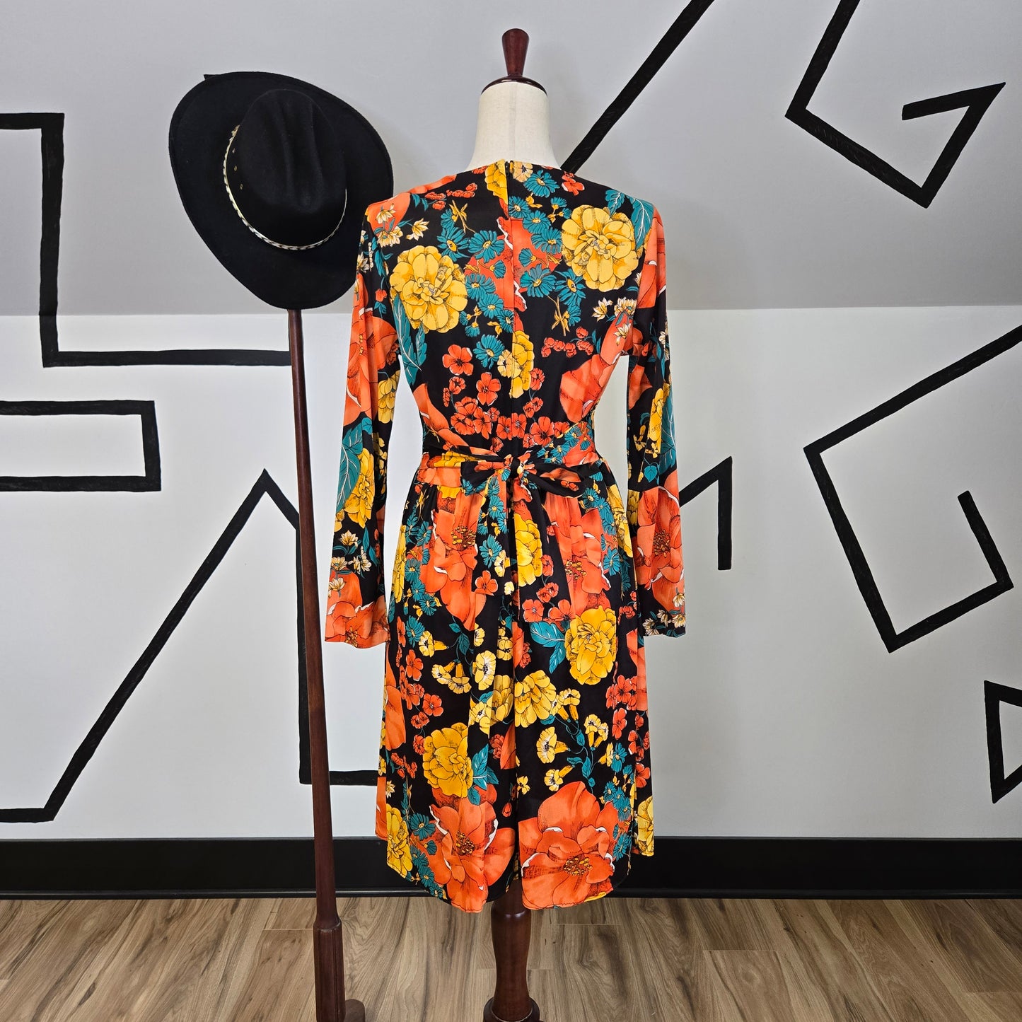 Fritzi of California Vintage 70s Black Based Bright Floral Dress with Waist Tie - medium