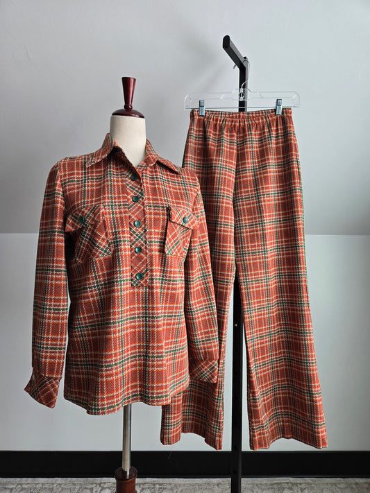 Flora Vintage 70s Plaid Two Piece Pant Set - Medium