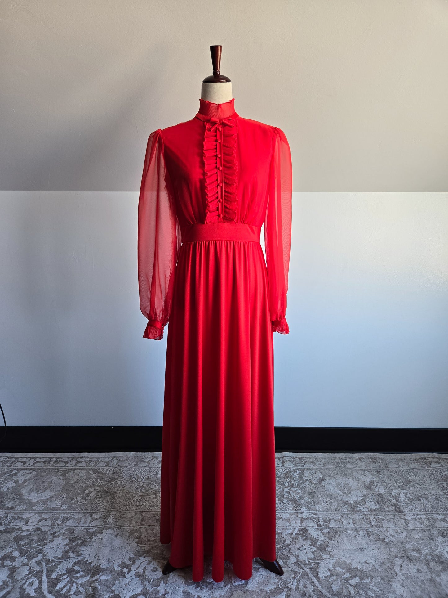 Vintage 1970s Red Dress with Ruffle Front Detail - small