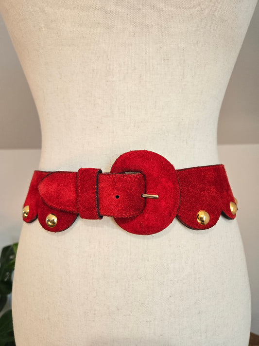 Vintage Genuine Red Suede Leather Belt with Gold Studs - W30-32"