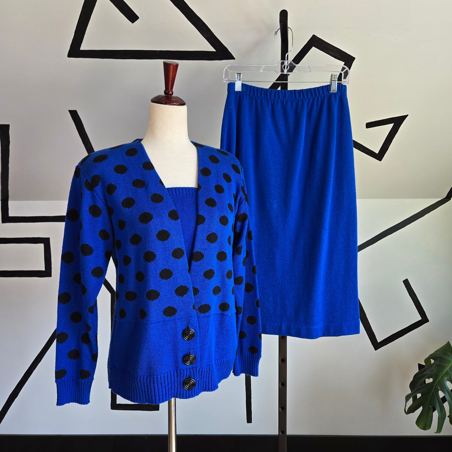 Neiman Marcus Vintage 1980s Ami Knits Blue and Black Polka Dot Two Piece Set - 10