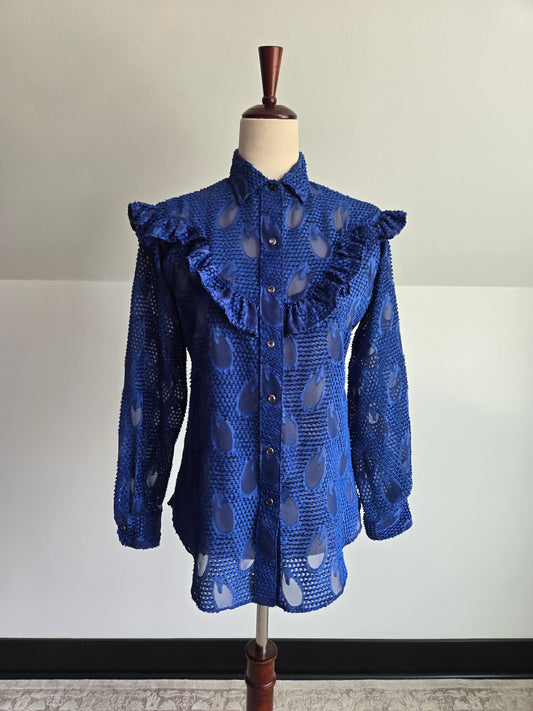 Miss Rodeo America Vintage Blue Shear Blouse with Ruffle - Small