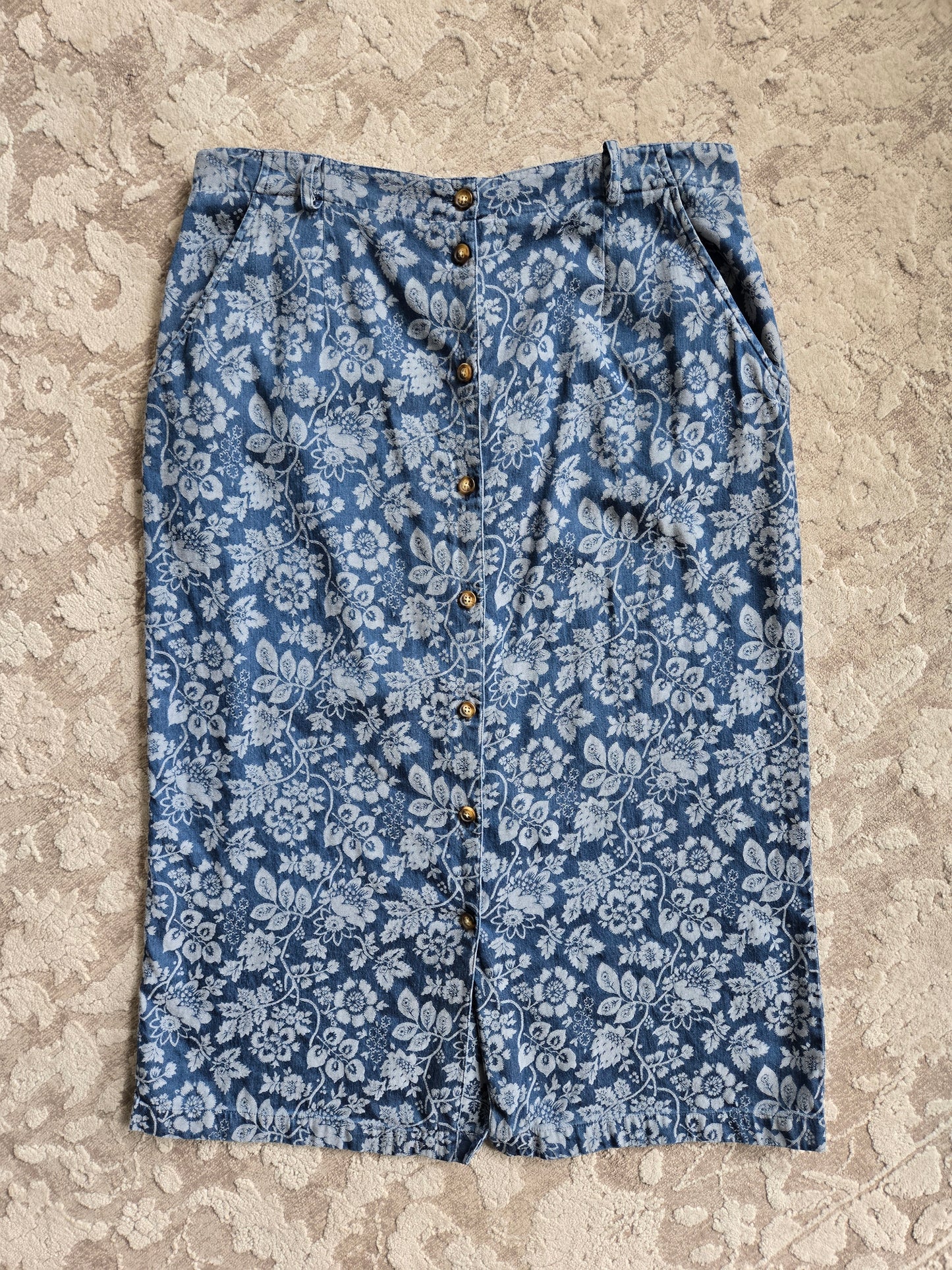Vintage Orvis Denim Floral Jacquard Skirt - W34-37"