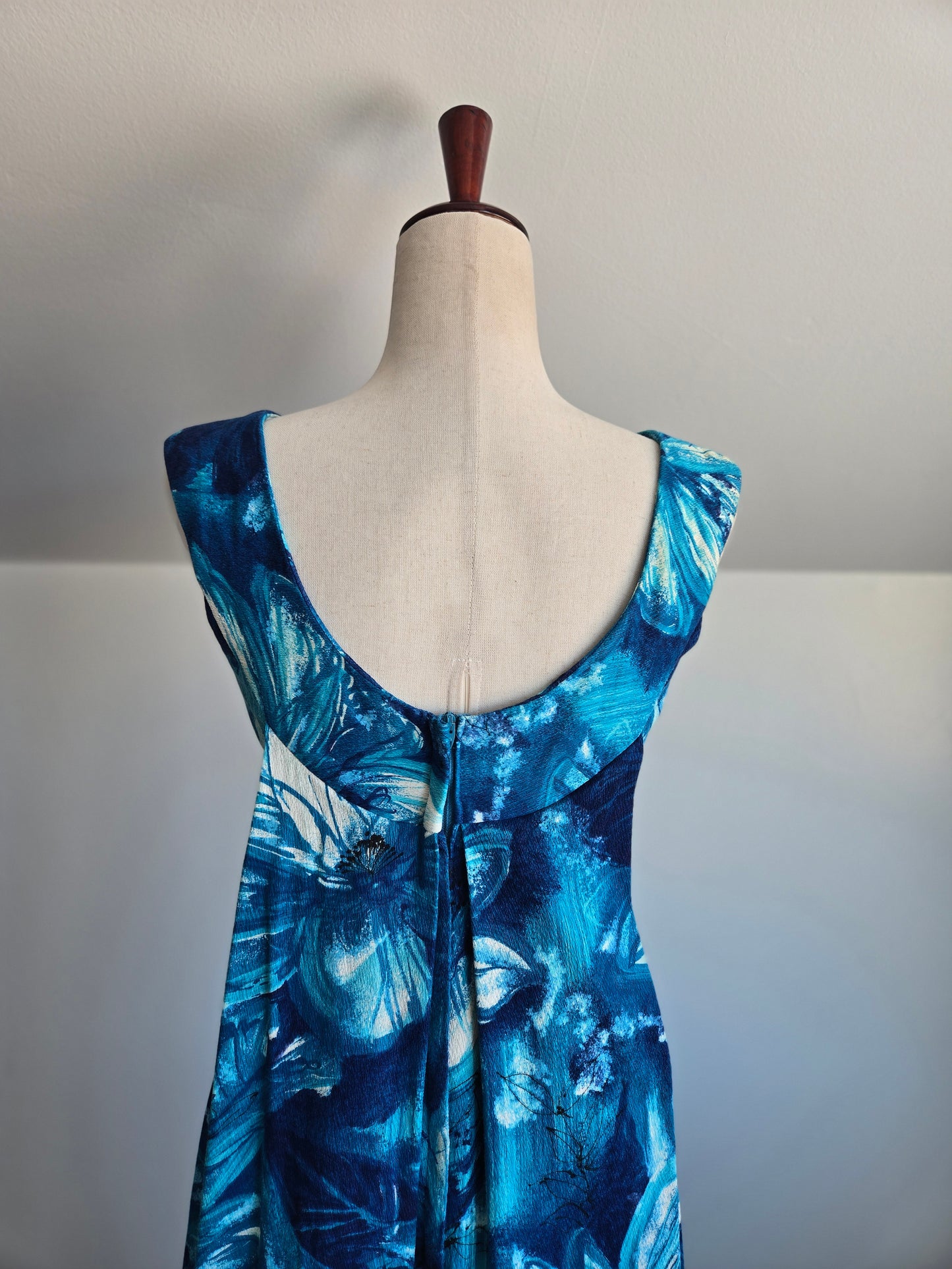 Royal Hawaiian Barkcloth Blue Floral Made in Hawaii Dress - Small