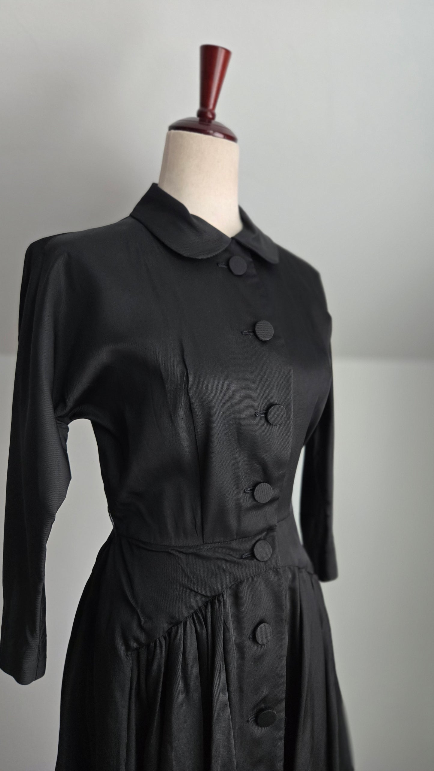 Vintage 1940s Black Satin Day Dress - Small