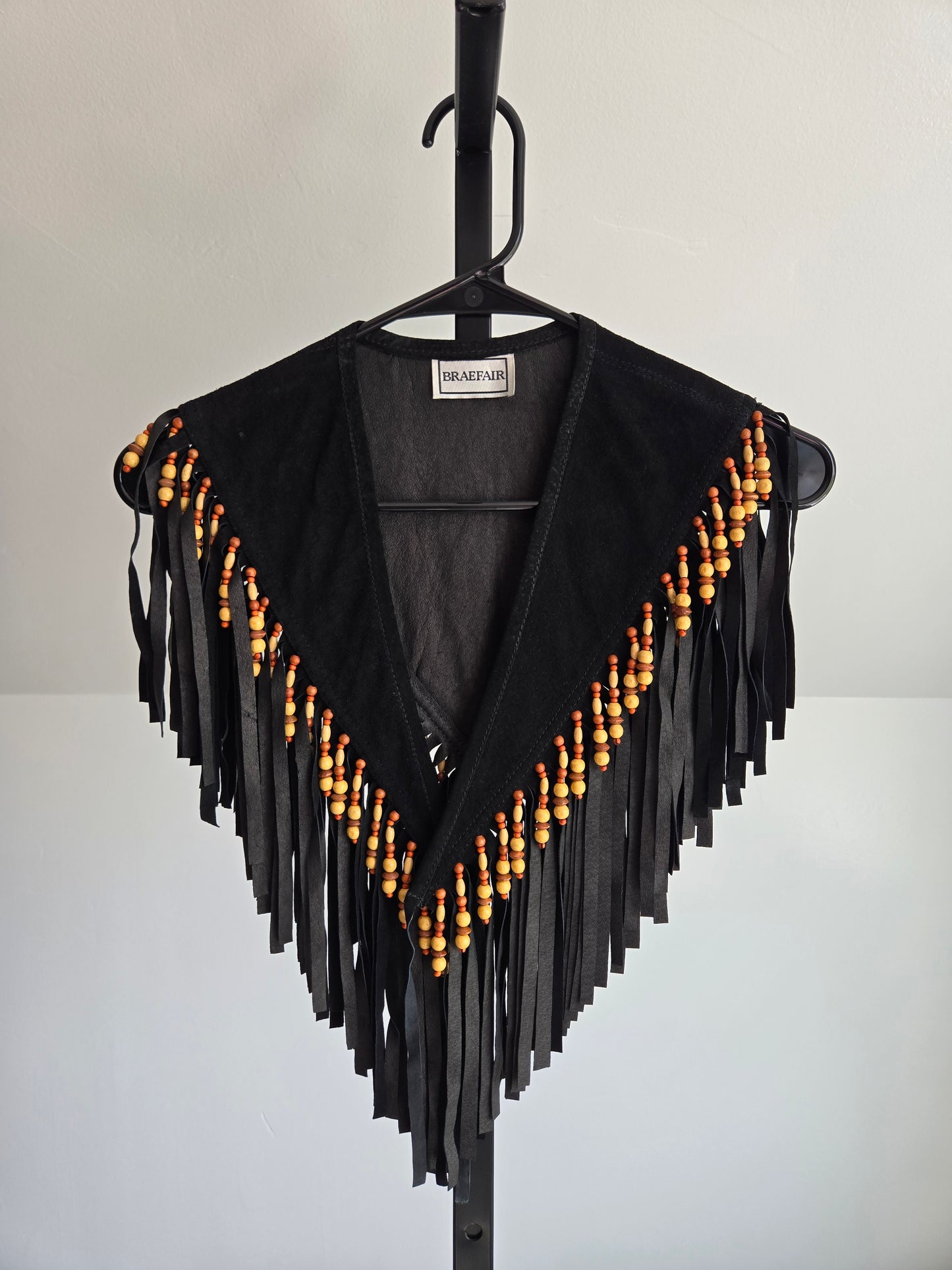 Vintage Braefair Leather Fringe and Wood Bead Shoulder Shawl - OS
