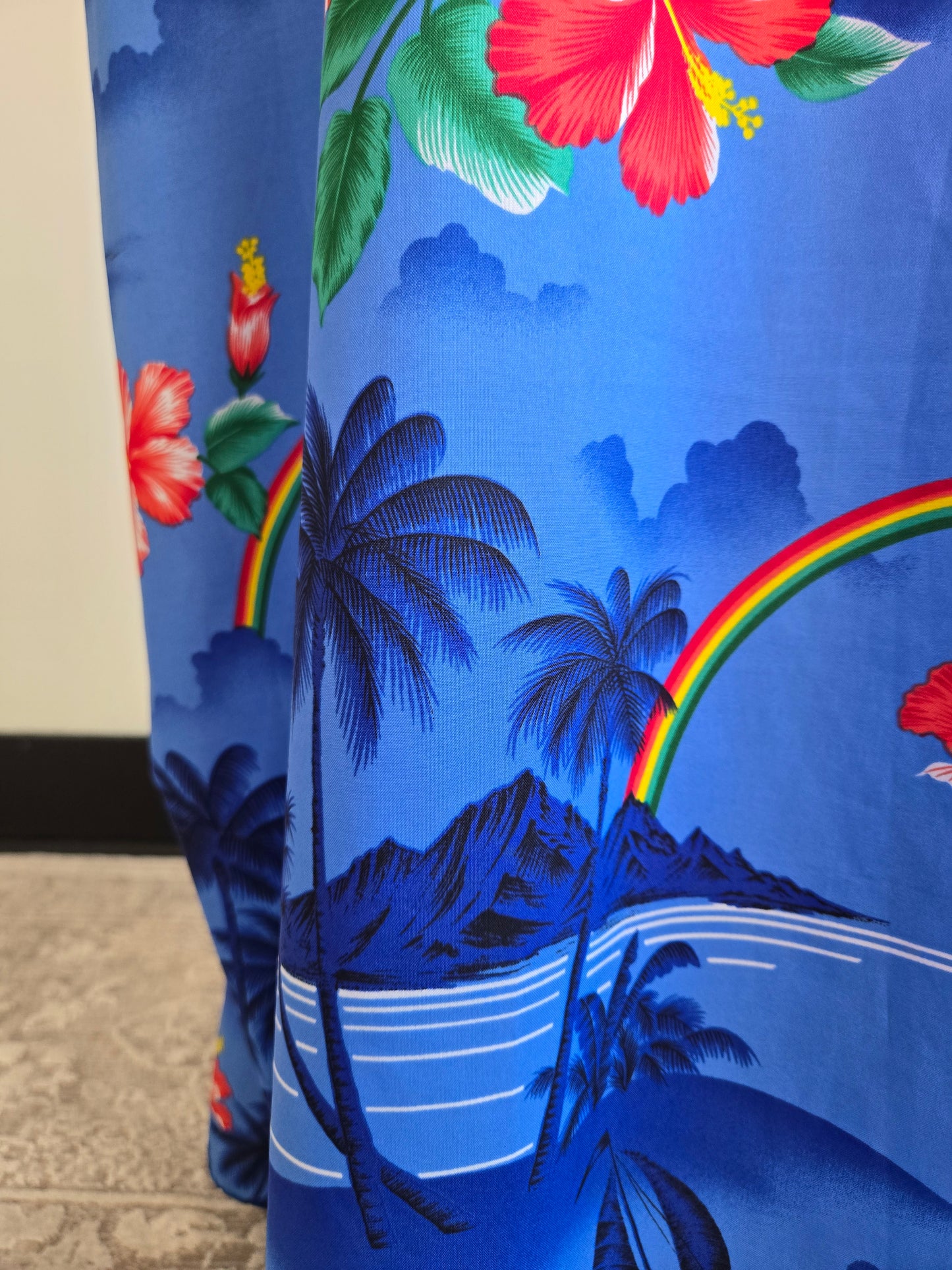 Made in Hawaii Blue Beach Scene and Rainbows Caftan - OS