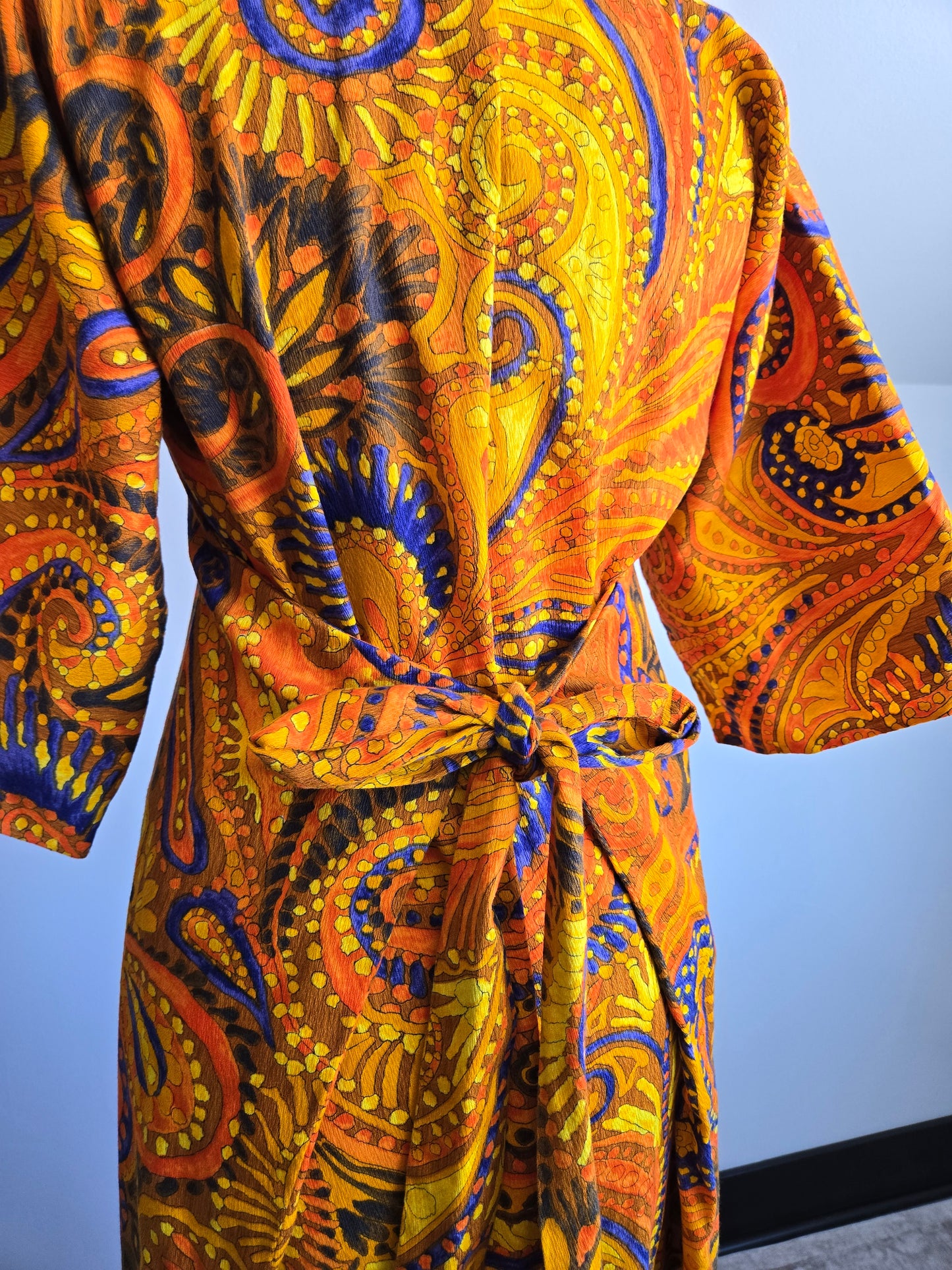 Vintage Barkcloth Orange Psychedelic Dayglo Print Maxi Dress - XS/S