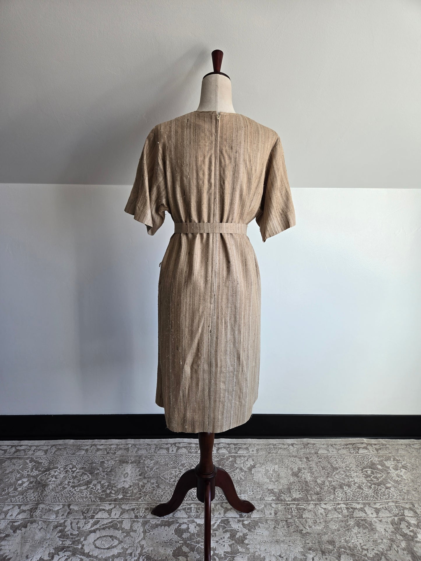 Vintage Raw Silk Tan Hand Made Dress - large