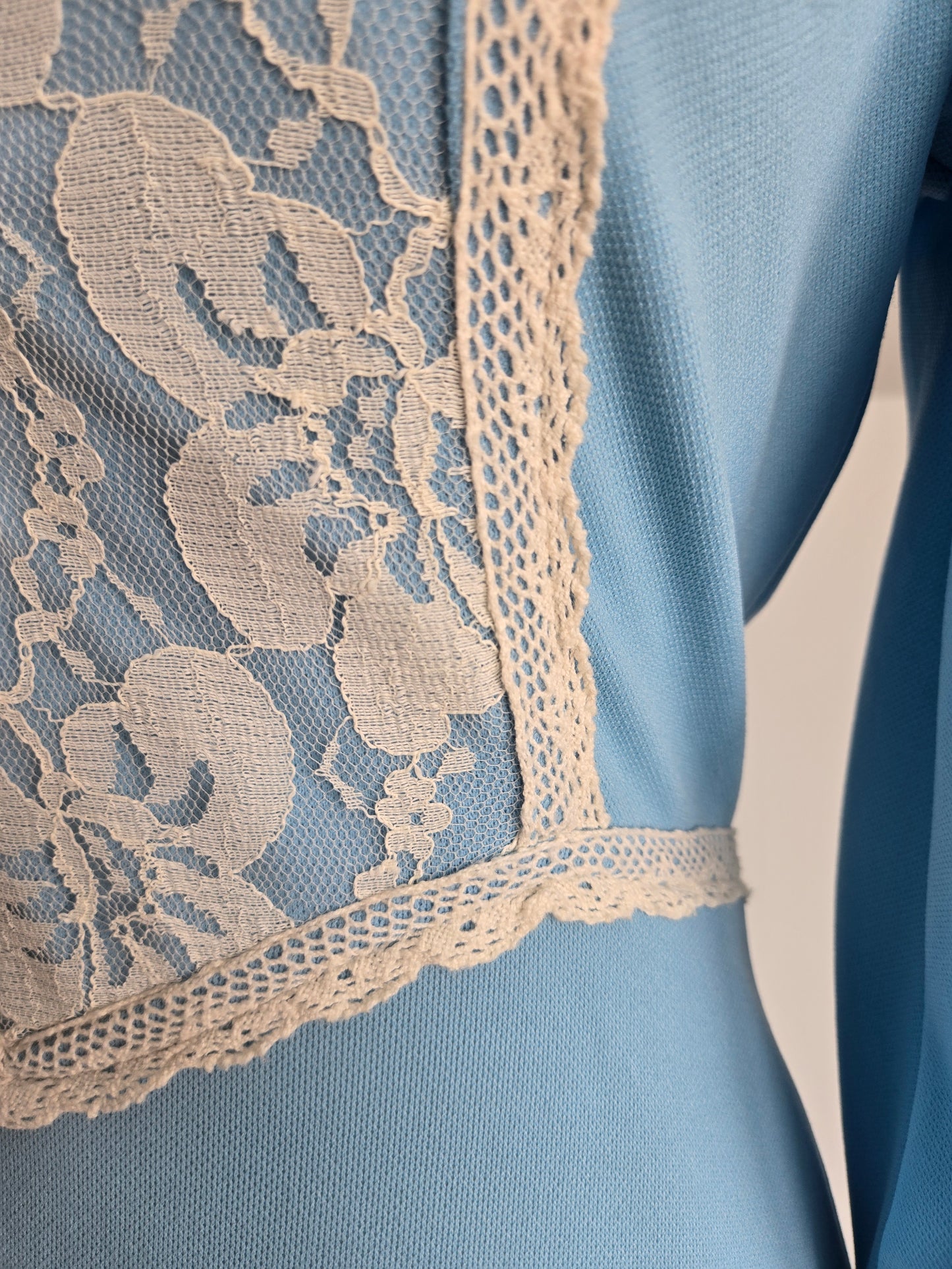 Vintage 1970s Sky Blue Prairie Dress with Floral Lace Details and Corset Top - Small