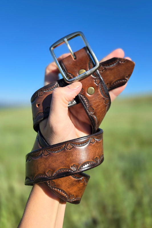 Brown Tooled Genuine Leather Western Belt - W30-33"