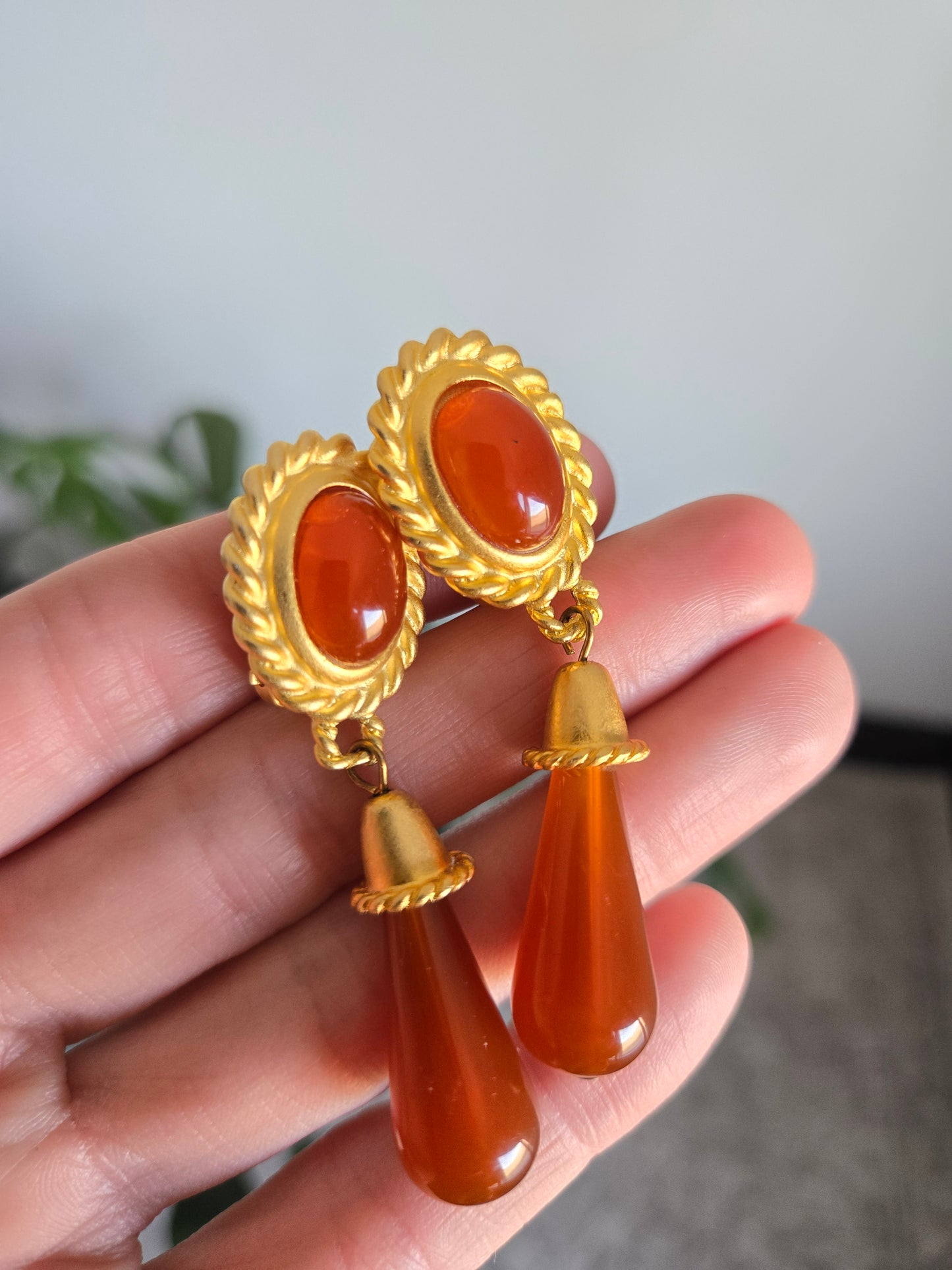 Leslie Block Vintage Gold Tone and Rust Red Clip Ons