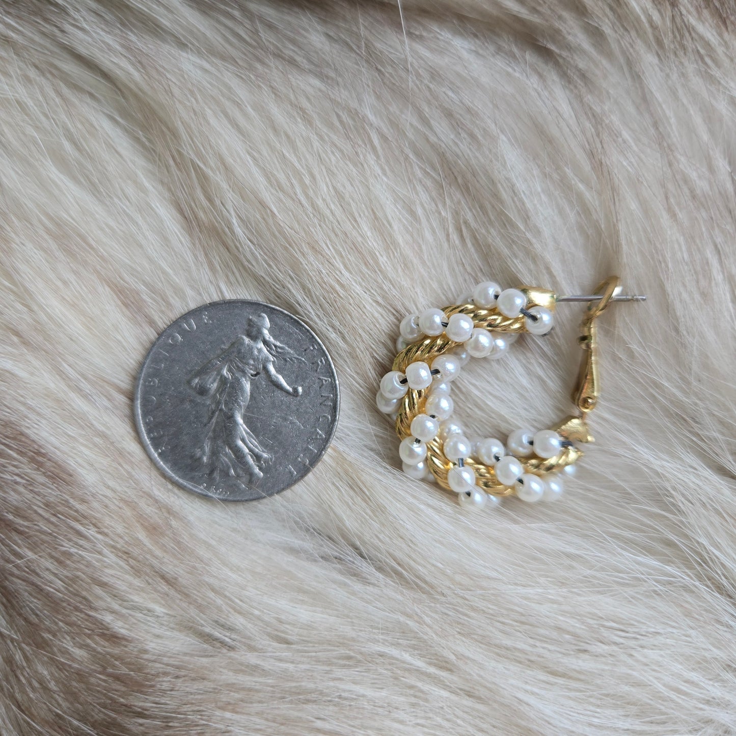 Vintage Spiral Pearl and Gold Hoop Earrings - Pierced