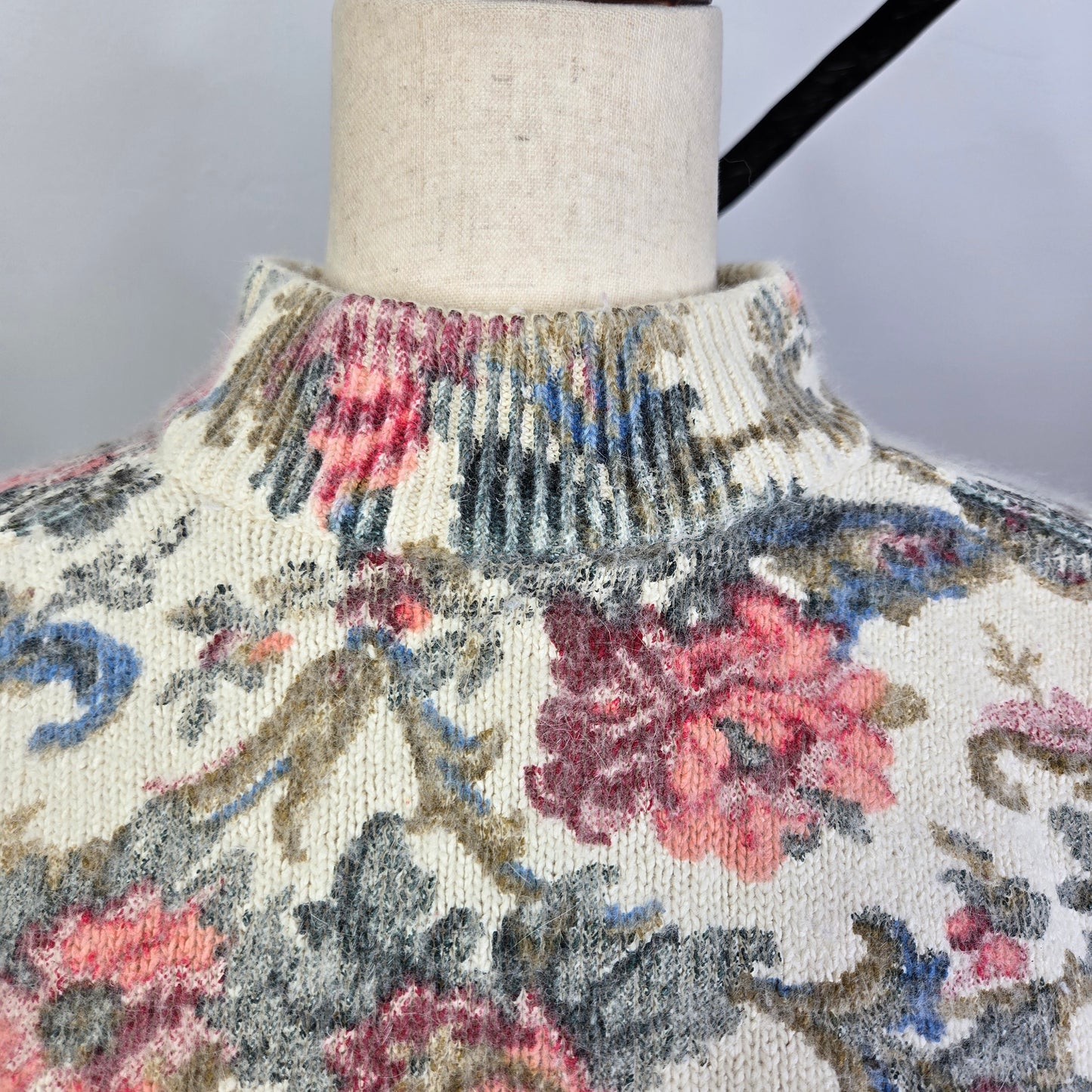 De Rotchild Vintage Silk and Angora Blend Floral Mock Neck Sweater - medium