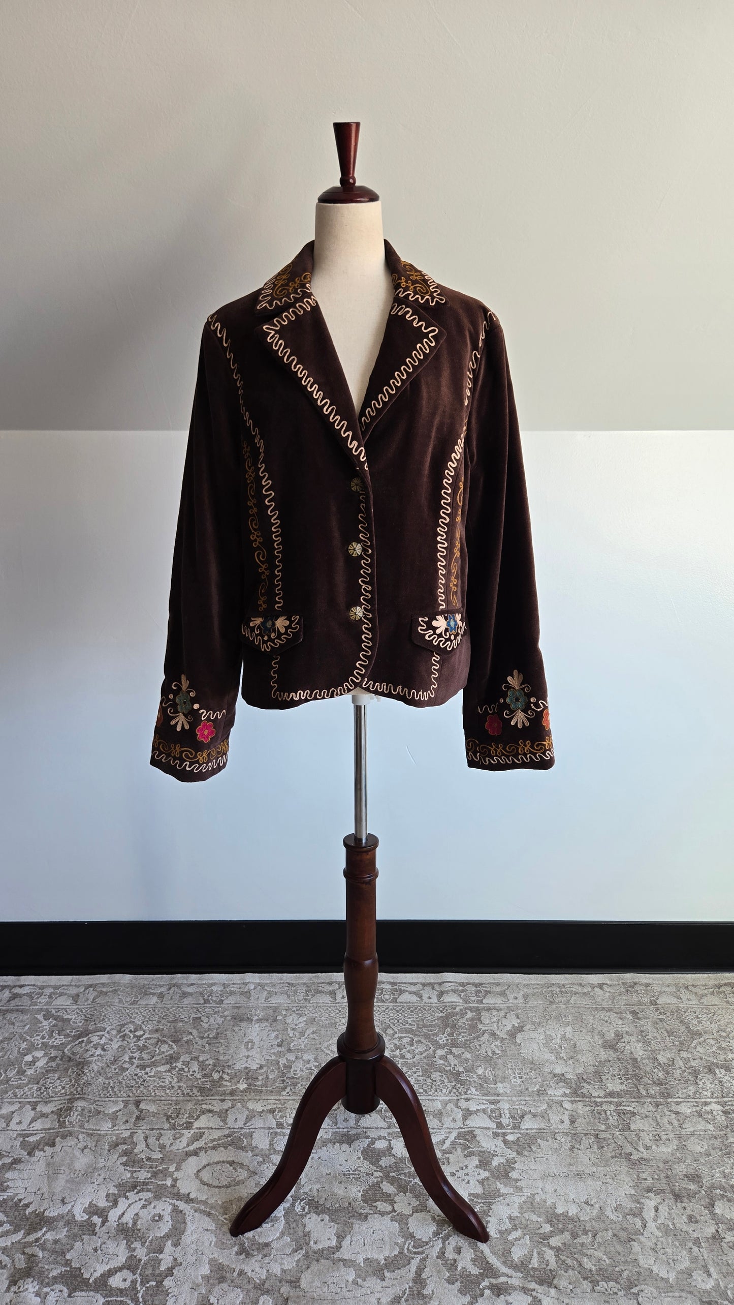 Doubled D Ranch Brown Velvet Blazer with Colorful Stitching Detail - XL
