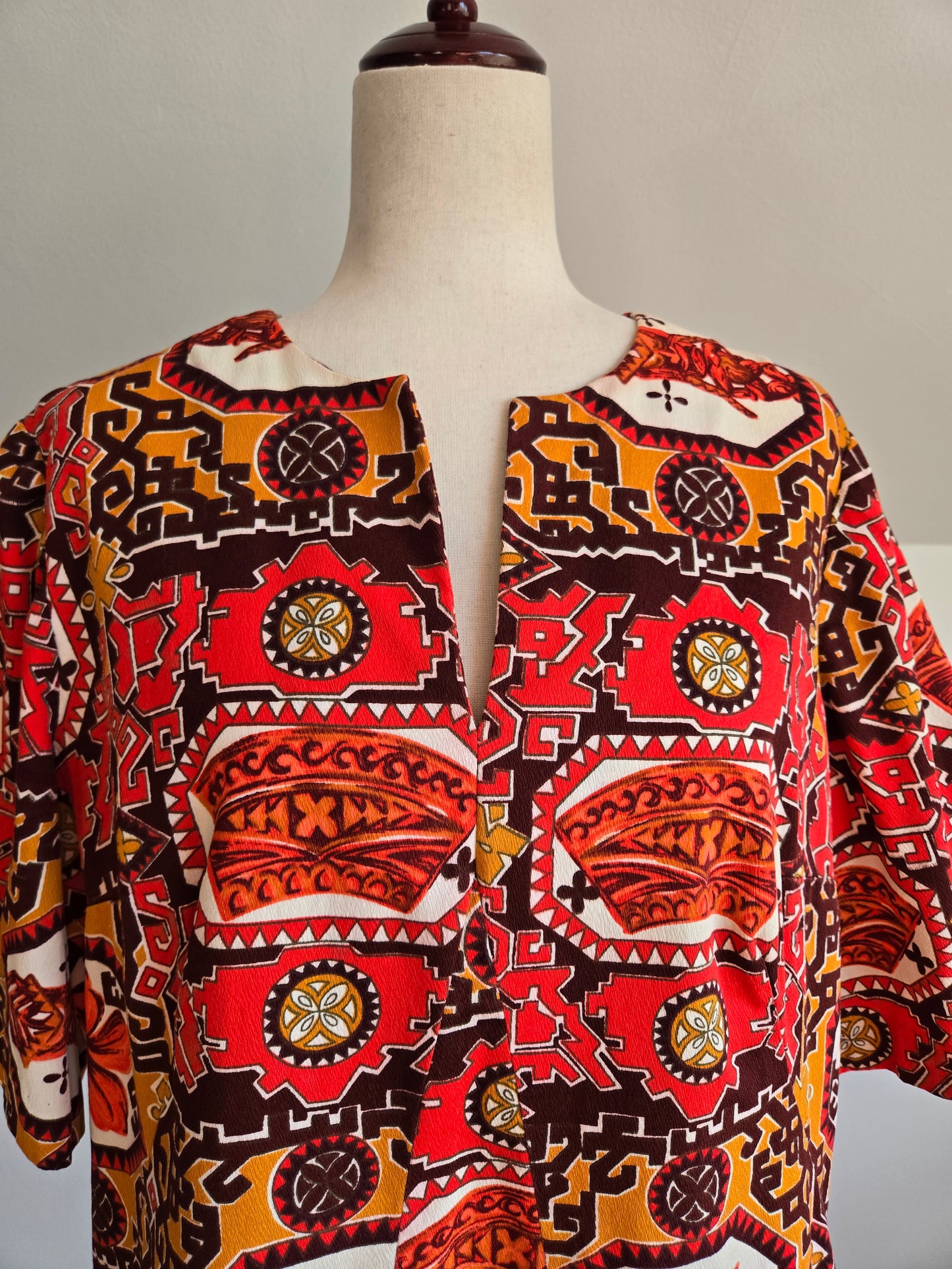 Vintage Barkcloth Red Hawaiian Print Dress - XL