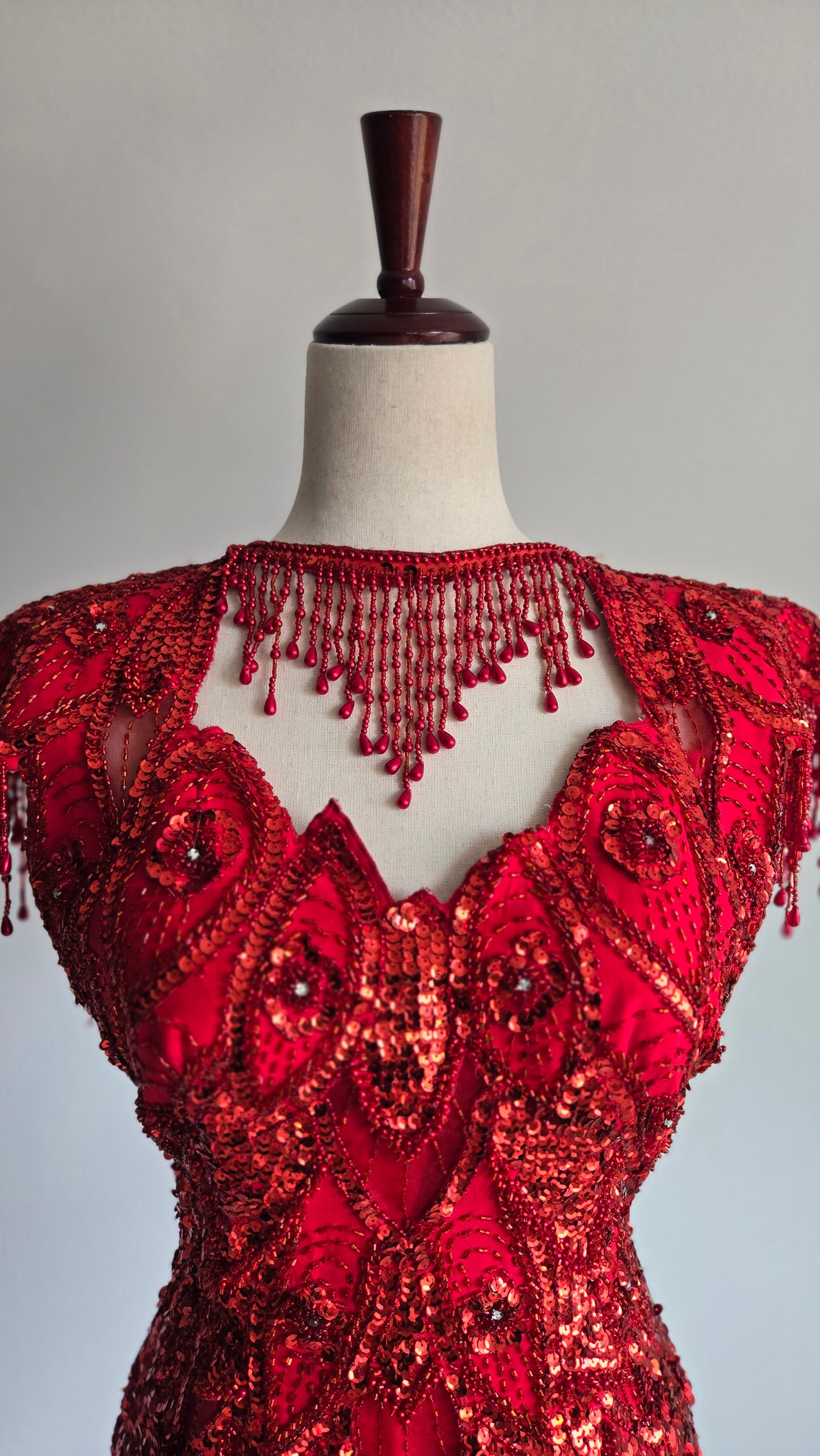 Miss Kansas Estate Vintage Red Beaded and Sequined Hand Made Dress - XS/S