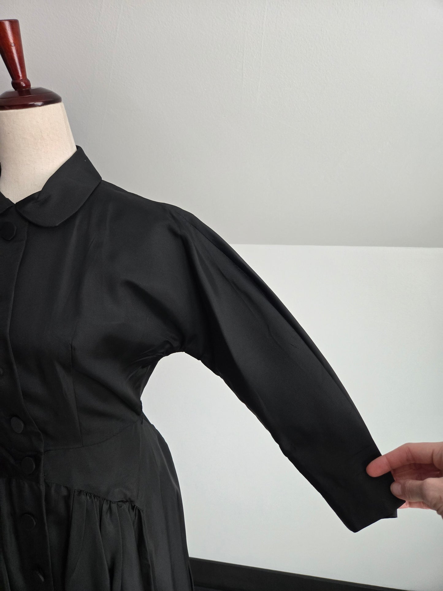 Vintage 1940s Black Satin Day Dress - Small