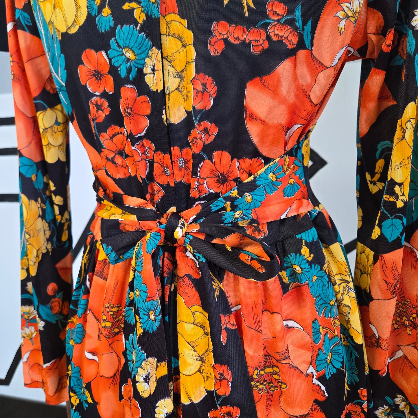 Fritzi of California Vintage 70s Black Based Bright Floral Dress with Waist Tie - medium