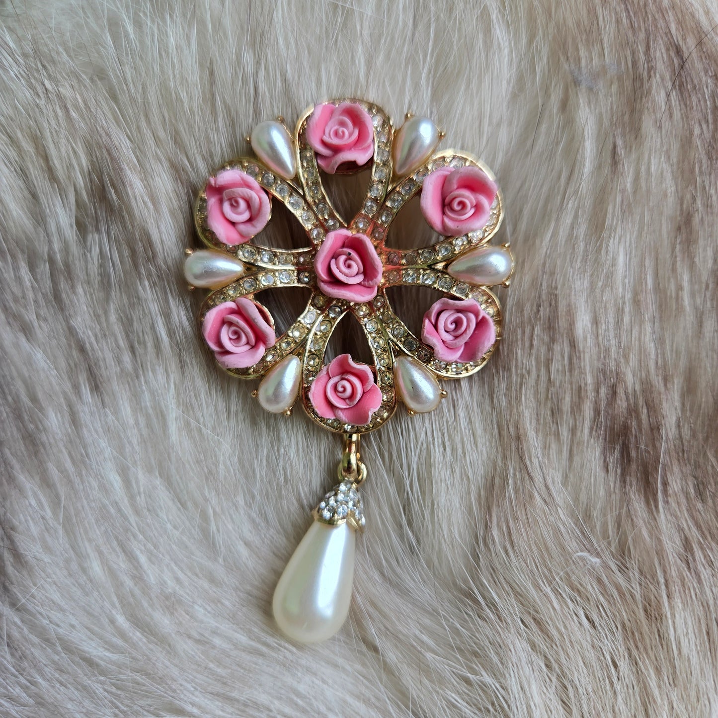 Pink Flowers and Pearls Gold Vintage Dangle Brooch