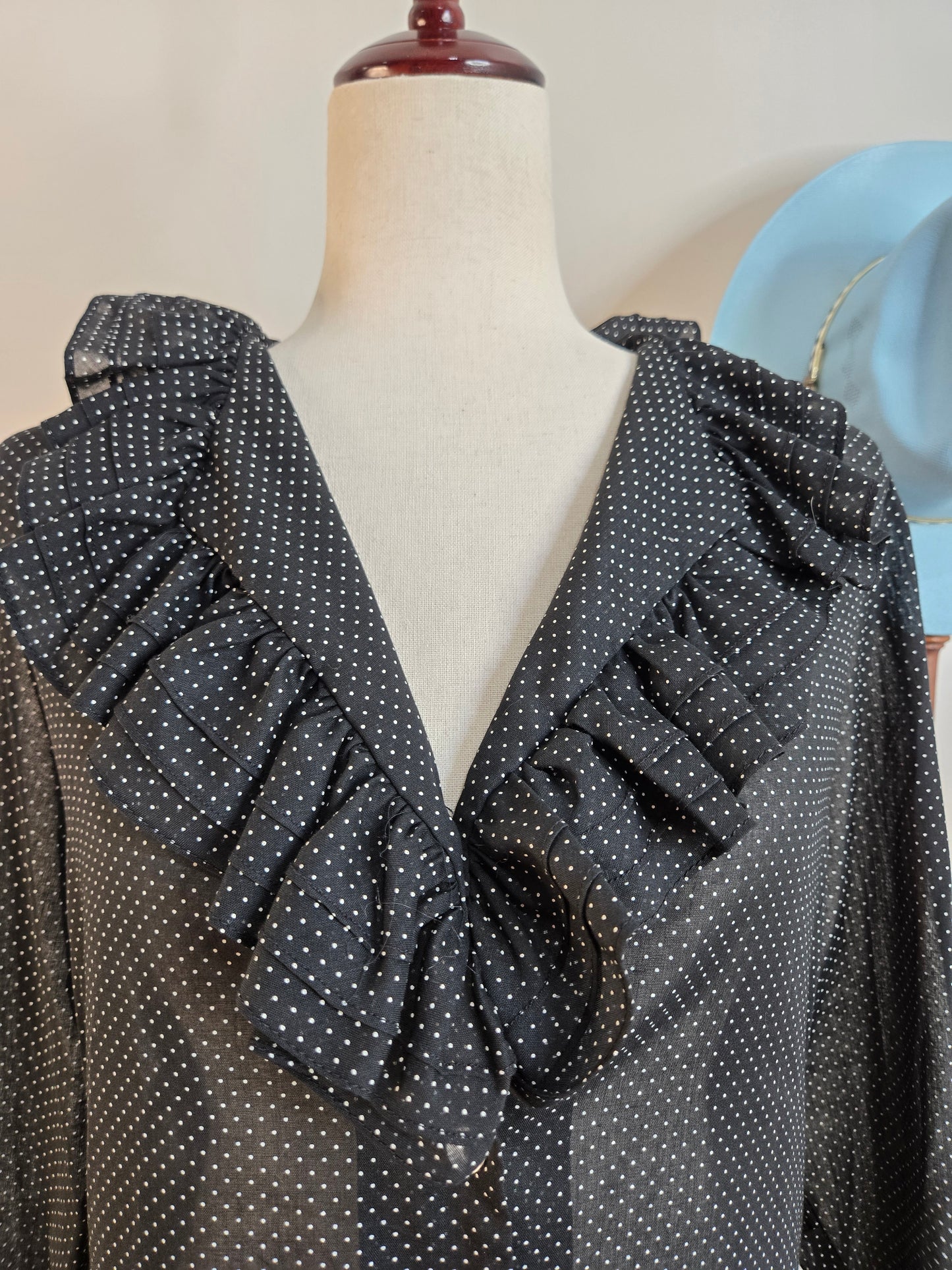 Na'Ma of California 70s Black Tiny Polka Dot Ruffle Top - medium