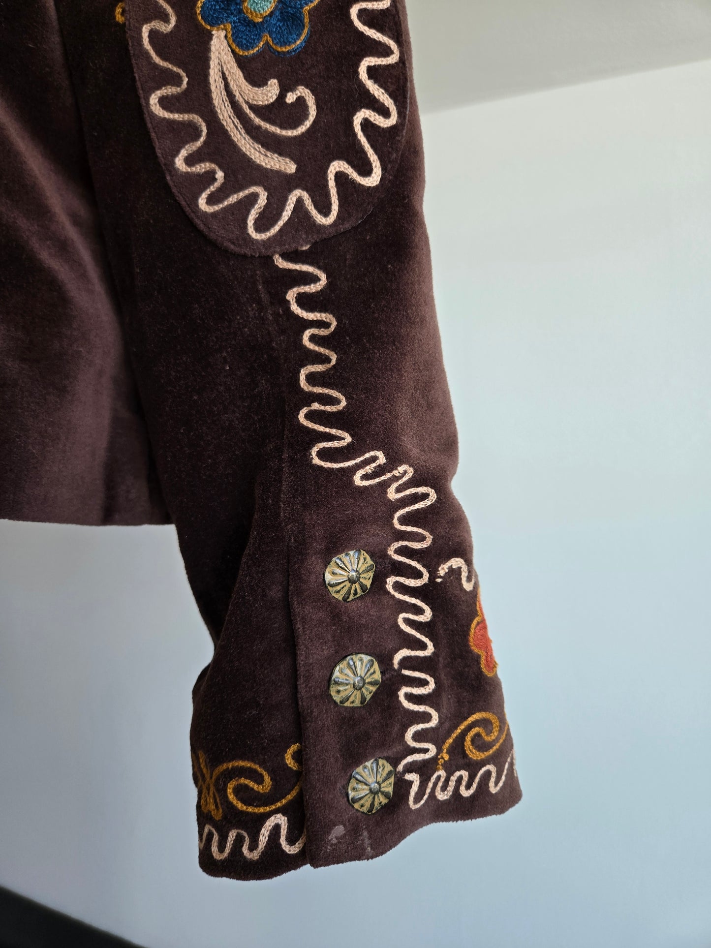 Doubled D Ranch Brown Velvet Blazer with Colorful Stitching Detail - XL