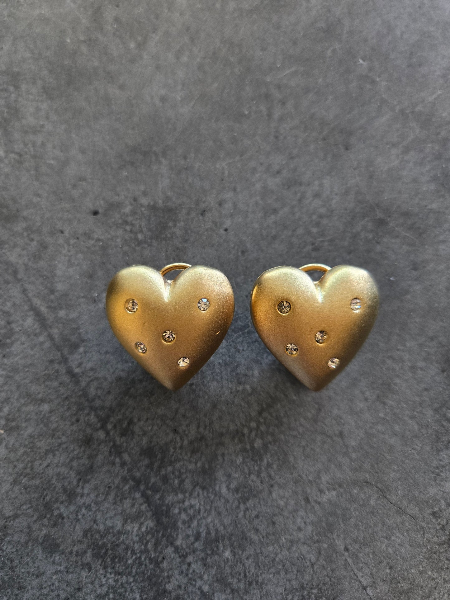 Vintage Matte Gold Heart and Rhinestone Earrings - Pierced
