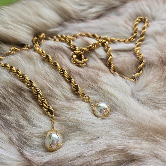 Vintage Gold Tone Open Strand Necklace With Two Drop Pearls