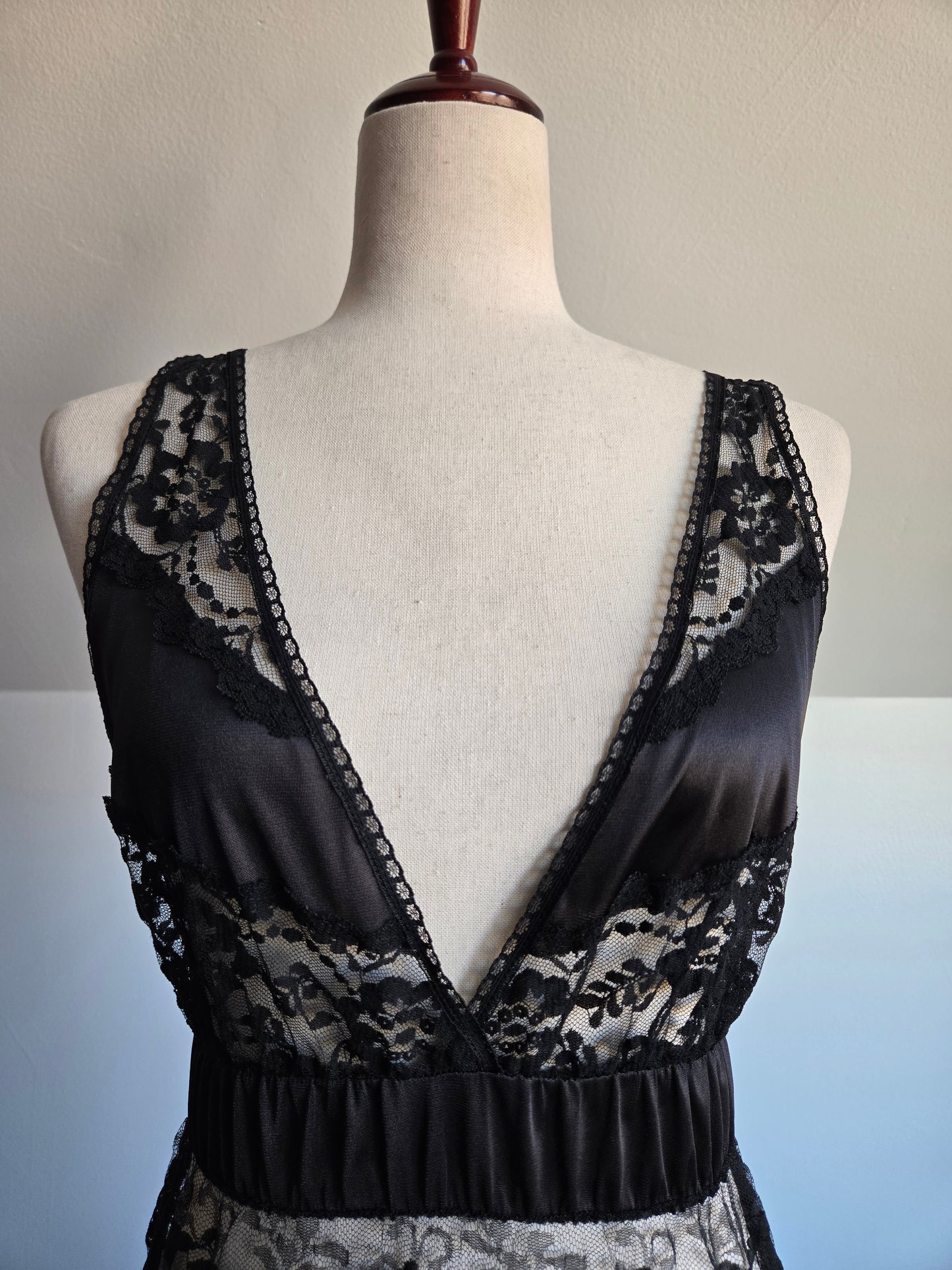 Lady Cameo Vintage Black Lingerie Slip Dress - Medium