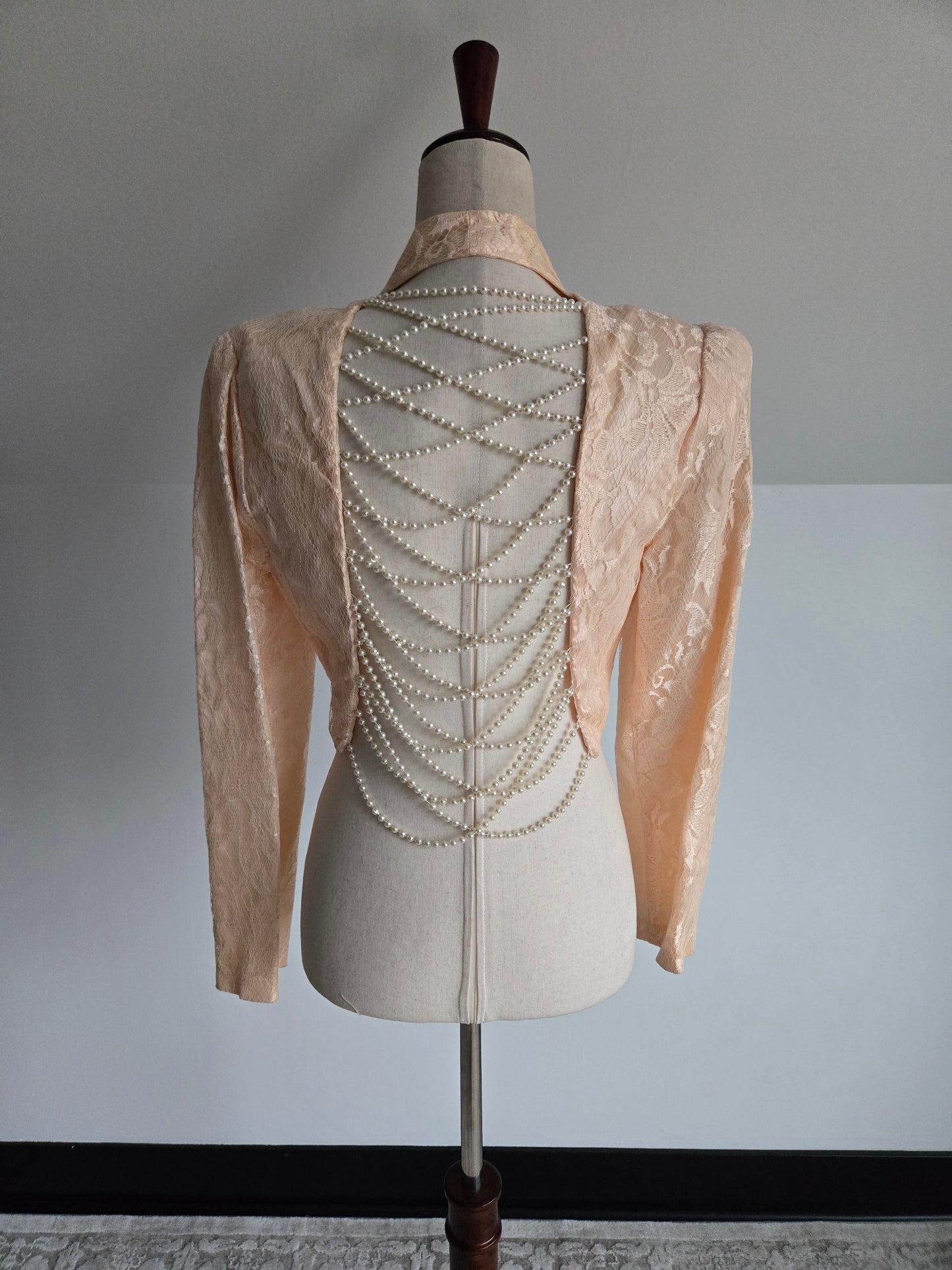 New Leaf Vintage 80s Peach Lace Dress and Pearl Bolero - Small