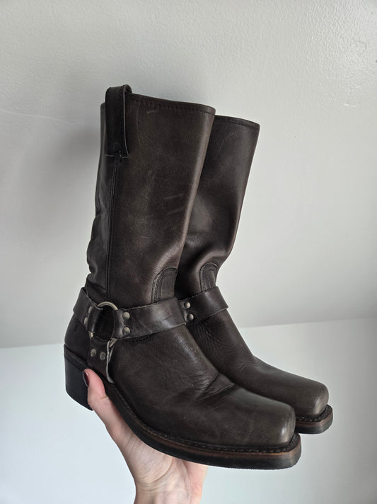 Frye Dark Brown Leather Harness Boots - Size 8.5 (womens)